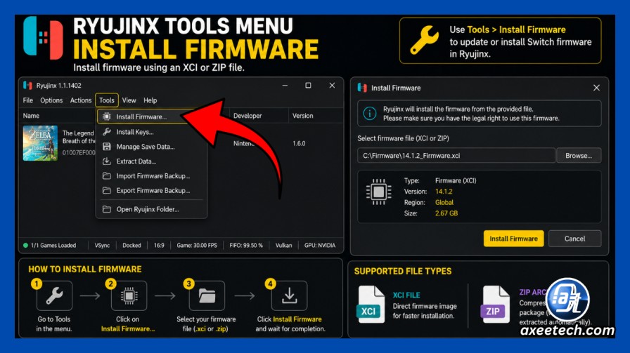 Ryujinx Tools menu showing Install Firmware option with XCI or ZIP selection