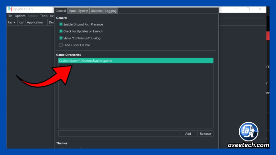Ryujinx settings menu showing Game Directories option under Options > Settings