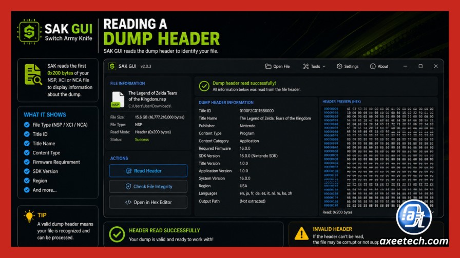 SAK GUI reading a dump header