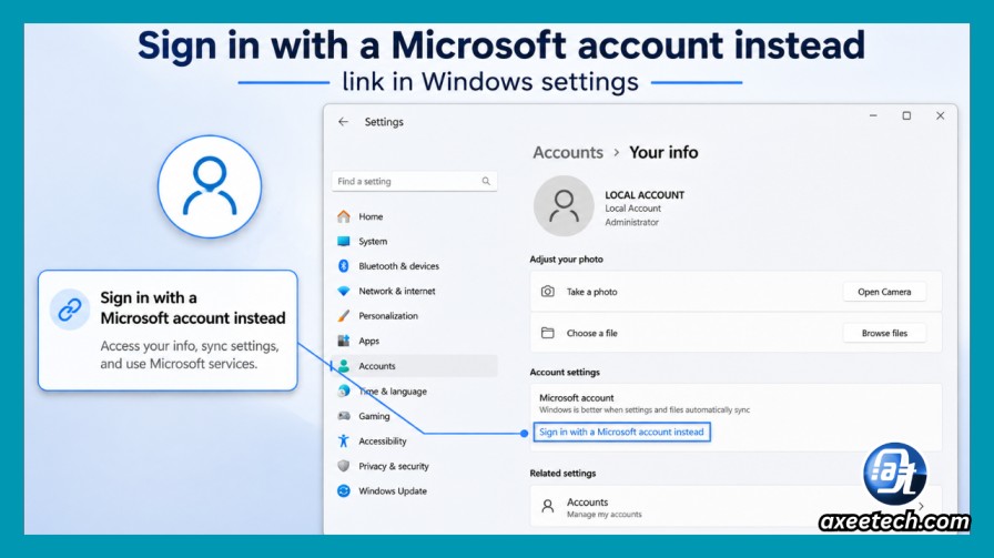 Sign in with a Microsoft account instead link in Windows settings 