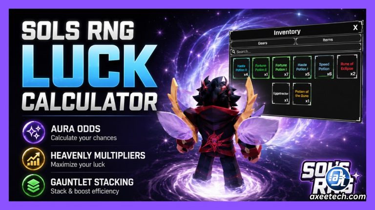 Sol's RNG luck calculator interface with gear and potion selectors
