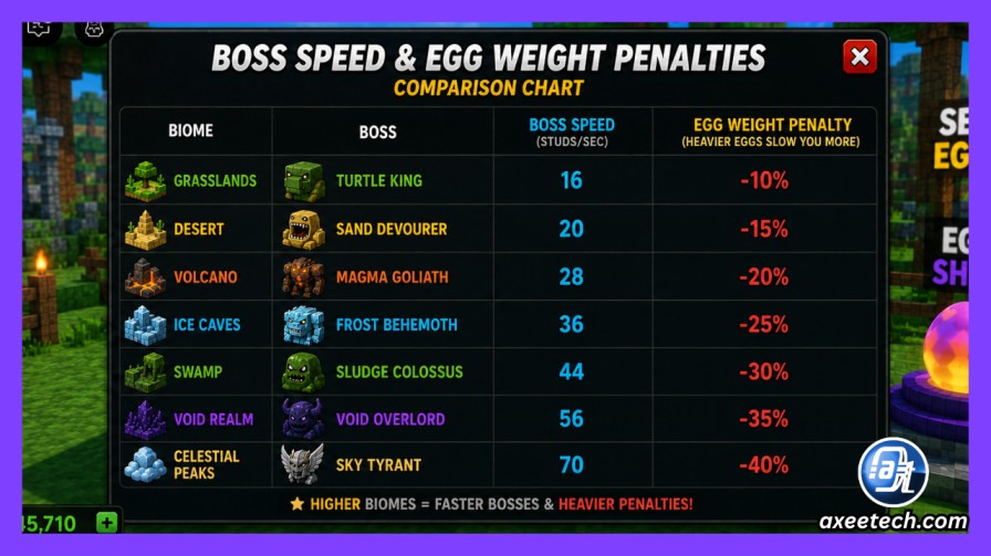 Comparison chart of boss speeds and egg weight penalties across all biomes