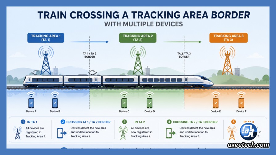 Train crossing a tracking area border with multiple devices 