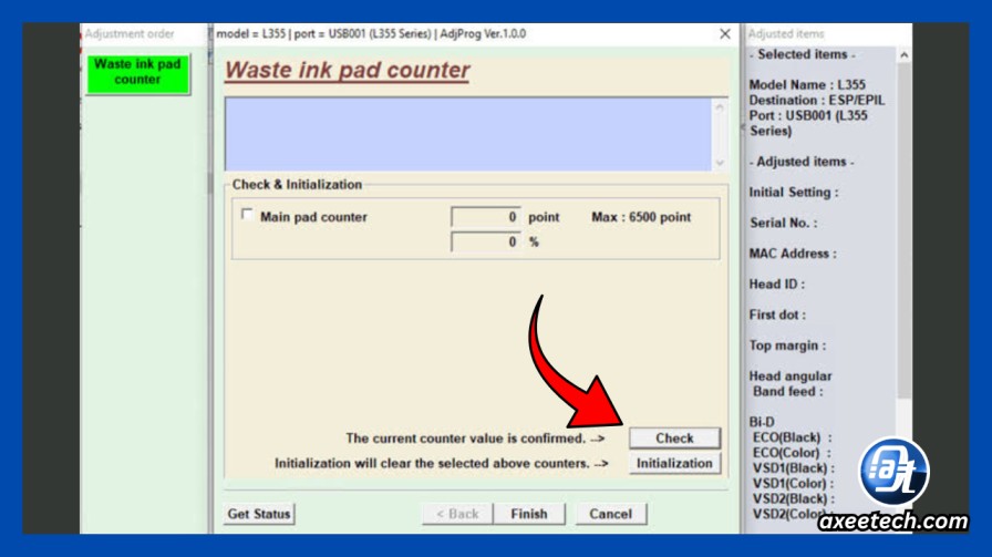 Waste ink pad counter screen showing Main pad counter selected, with Check and Initialize buttons clearly visible
