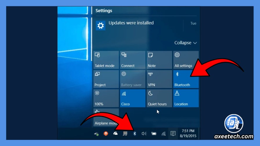 Windows 10 Action Center with Bluetooth tile 