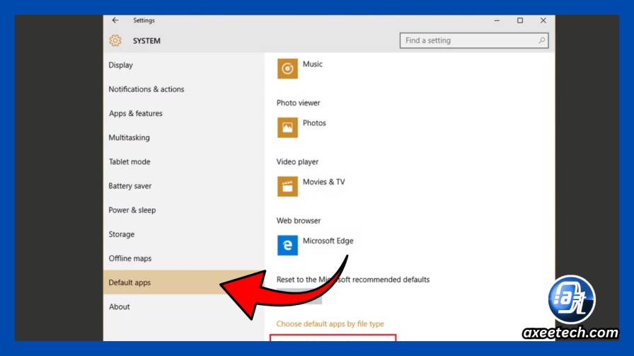 Windows 10 Settings app showing Default apps page
