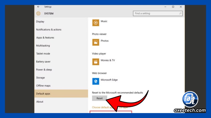 Windows 10 Default Apps page with Reset button highlighted
