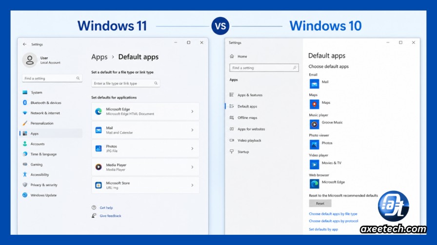 Side-by-side comparison of Windows 11 and Windows 10 Default Apps settings
