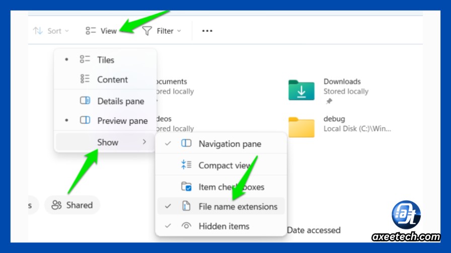 Windows File Explorer with View tab and File name extensions checkbox highlighted