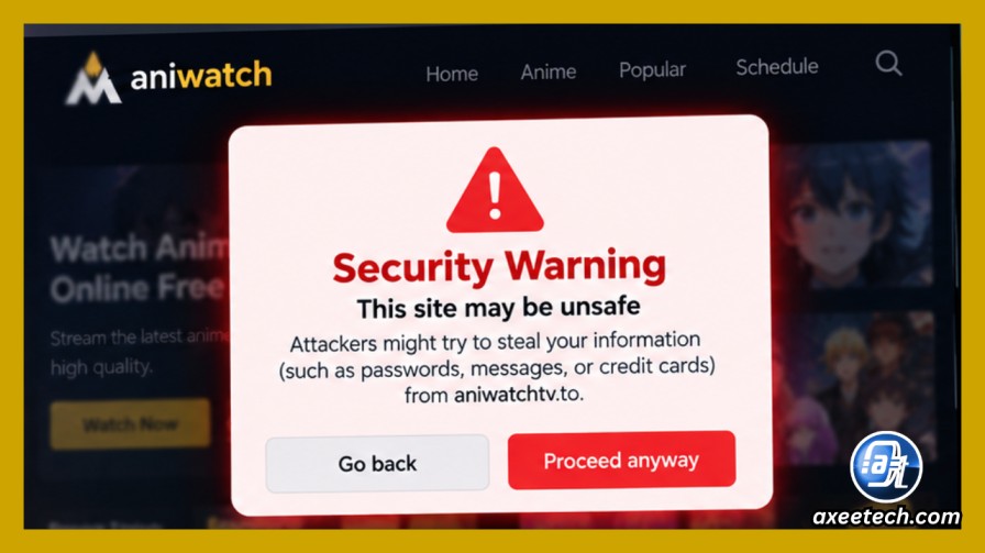 Security warning alert and low trust score graphic for aniwatchtv.to highlighting compromised credential risks and safety tips"