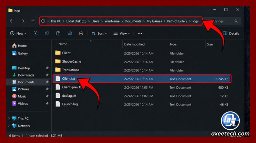 File Explorer showing logs folder and Client.txt file location