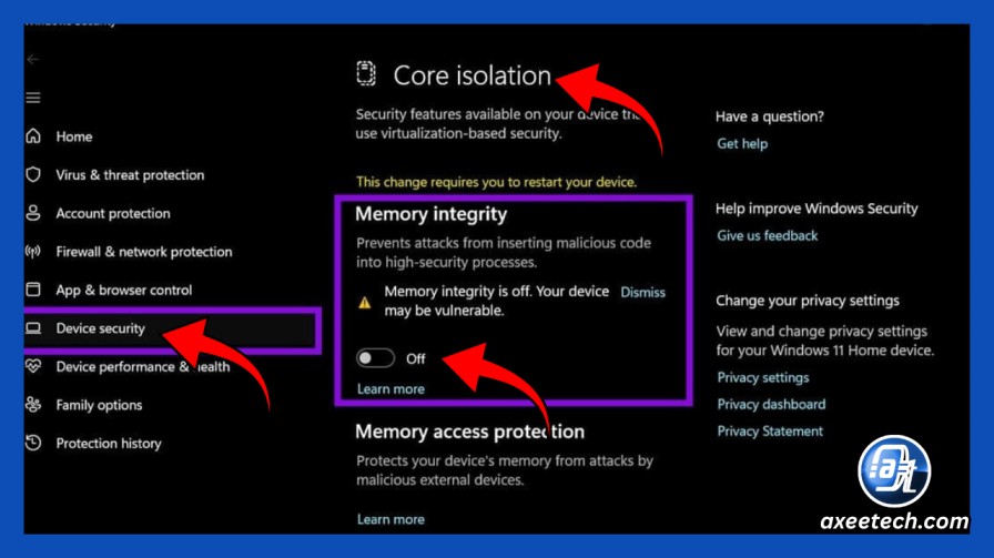 Windows 11 Core Isolation Memory Integrity VBS setting