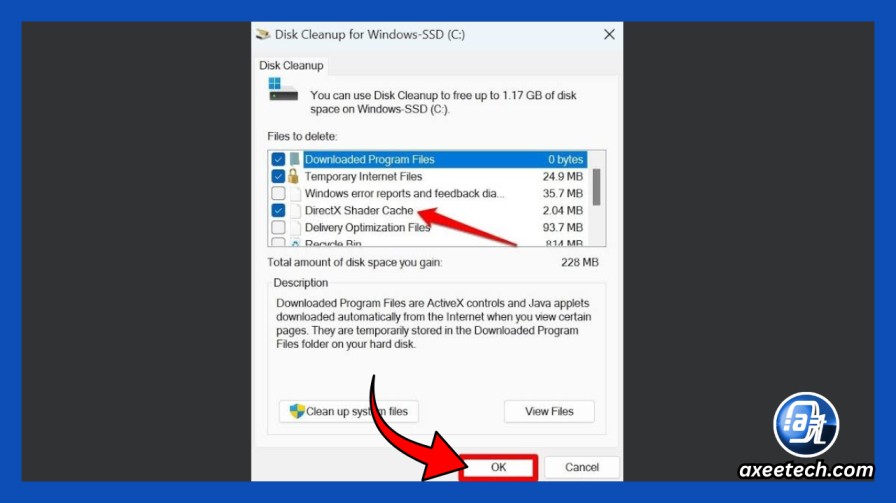 Windows Disk Cleanup utility selecting DirectX Shader Cache