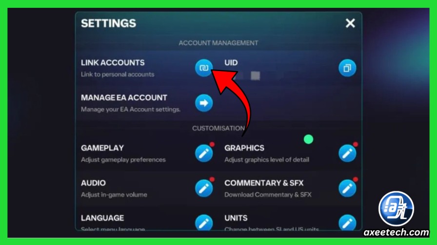 FC Mobile settings screen showing the Link Accounts menu option