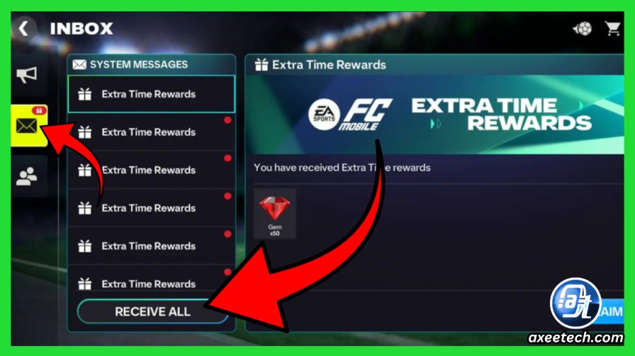 FC Mobile in-game inbox showing delivered reward packs and gems

