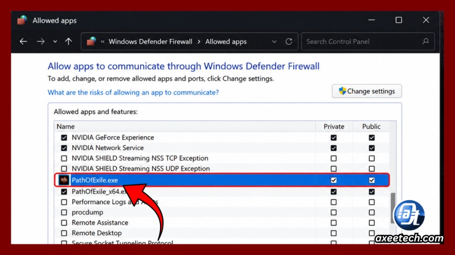 Windows Defender Firewall allowed apps menu showing PathOfExile.exe
