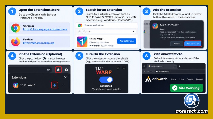 Step by step guide showing how to install a browser extension to fix the aniwatchtv.to host error on Chrome or Firefox"