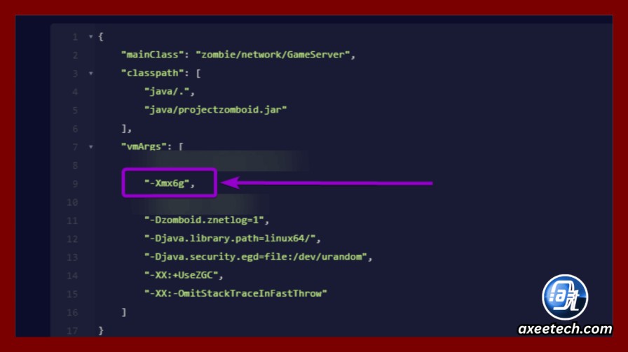Editing vmArgs -Xmx memory allocation in ProjectZomboid64.json