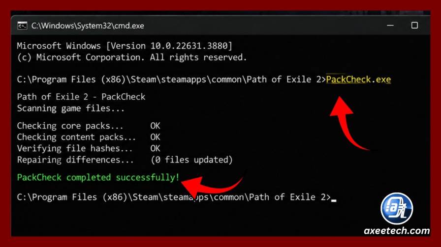 Running PackCheck console to repair Path of Exile 2 files