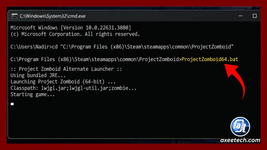 Windows Command Prompt running ProjectZomboid64.bat alternate launch