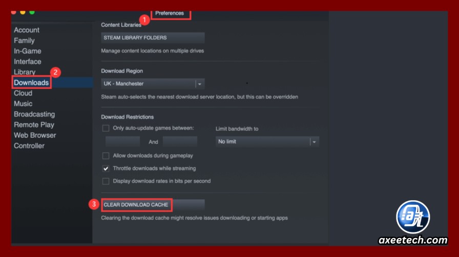 Steam Downloads settings showing Clear Download Cache button