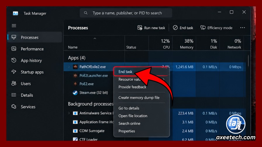 Ending background Path of Exile 2 processes in Task Manager