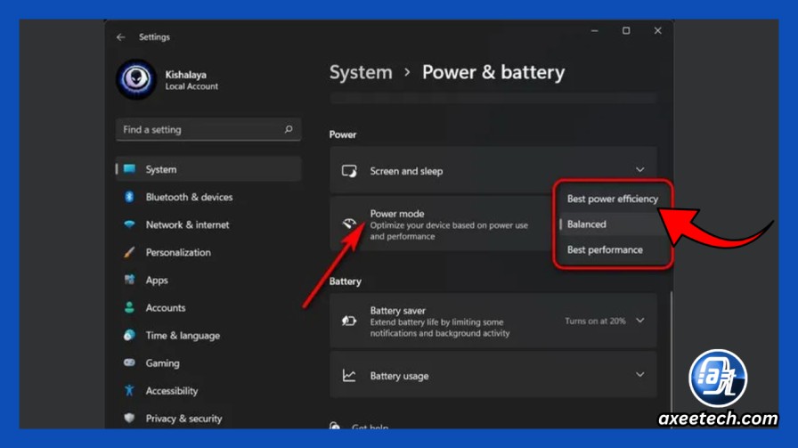 Windows 11 Power mode settings configured to Best performance