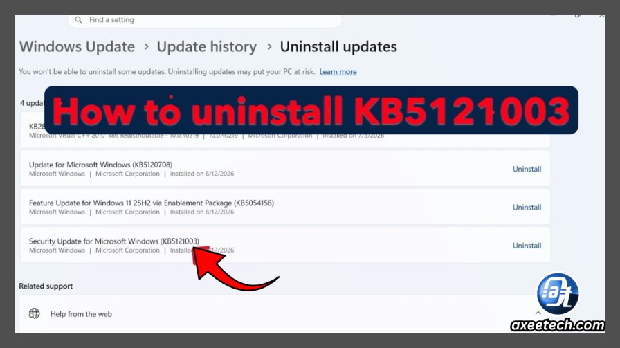 Windows 11 Uninstall updates screen showing KB5121003