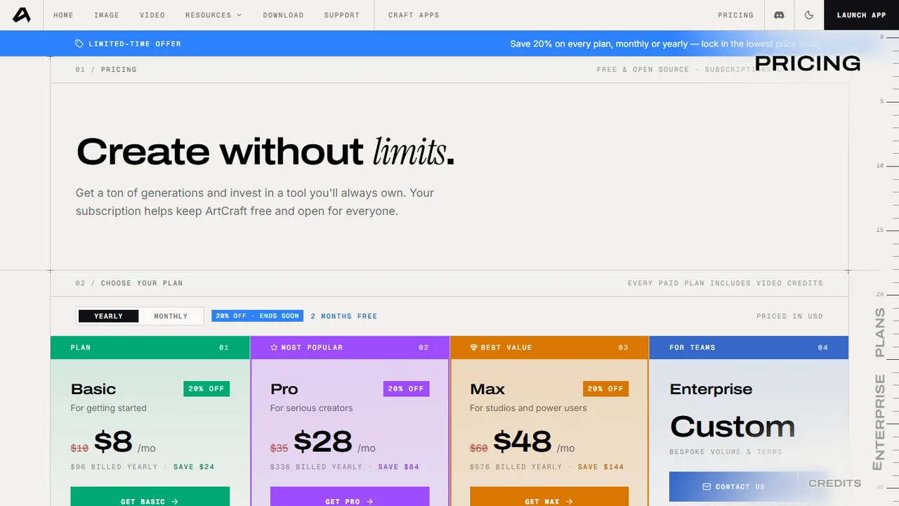 ArtCraft Review: 12 Free Adobe & Microsoft Office Alternatives (Launcher + Download Guide) 18 ArtCraft pricing page showing free and paid plans for the AI studio