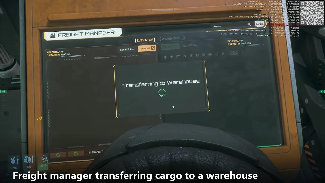 Star Citizen Ranta Dung: Where to Find It and Price 2 Freight manager screen transferring cargo to a warehouse in Star Citizen